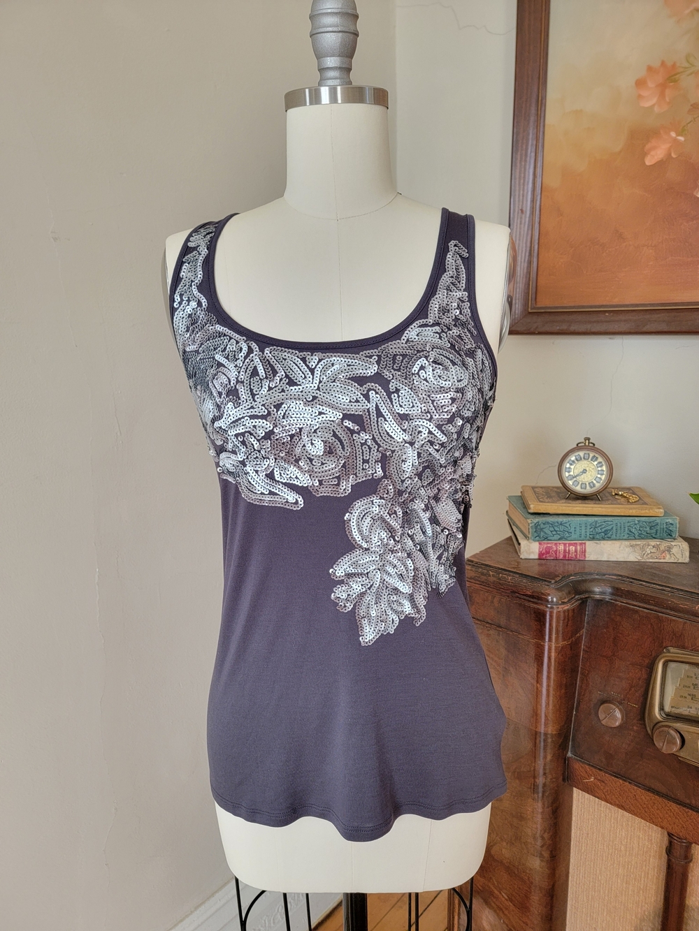 Vintage Express Gray Tank with Silver Sequin Detail XS